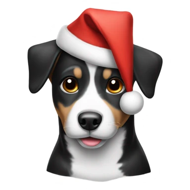 Black and white dog wearing a Christmas hat sticker