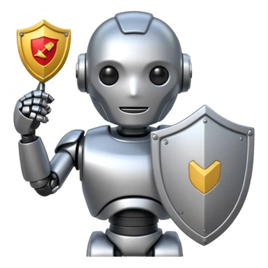 robotic email bouncer agent metallic holding a shield with 'No Spam' in front of an inbox emoji sticker
