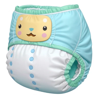 single disposable diaper, softly curved and puffed, white material with subtle pastel blue-green edges, elastic leg bands, folded sides, no baby or accessories, soft lighting, subtle shadows, emoji scale sticker