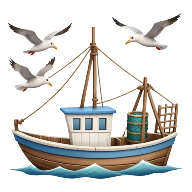 Design a small fishing boat with nets & seagulls around it. sticker