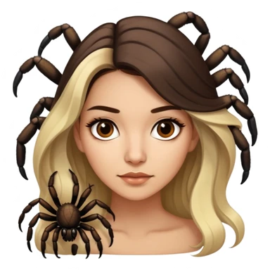 Attractive Mexican woman in her 20s with dark brown hair with a blonde ends, with a tarantula sticker