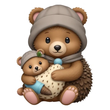 create a picture of a teddy bear holding a stuffed hedgehog in a sleep cap in front of him sticker