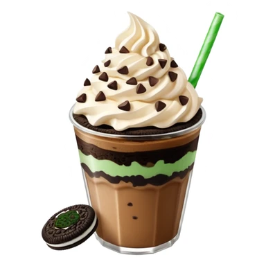 Vaso de vidrio con Frappé color café, crema en la parte superior con popote verde insertado en la crema, agregar encima de la crema chispas de chocolate y una galleta redonda color café oscuro tipo Oreo. sticker