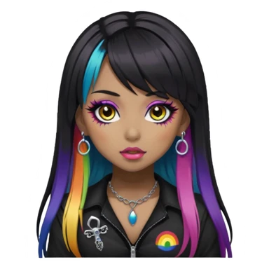 hime gyaru girl,  brown skin long black hair with rainbow fringe, tattoos, dark makeup, goth grunge clothes sticker