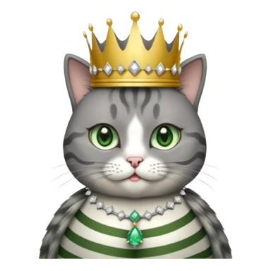 Gatito gris oscura con rayas negras ojos verdes vestida de reina con coronas y diamantes, más peluda y gordita  sticker