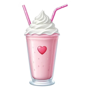 A cute pink strawberry milkshake in a glass cup with a heart-shaped straw, whipped cream on top, pink sparkles. sticker