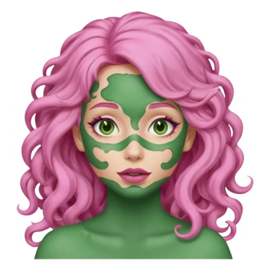 pink haired very long curly haired woman with full full face green clay mask sticker