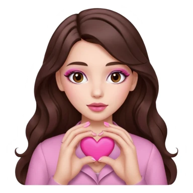 Pink and brown emoji, love emoji inspired with brunette hair, brown eyes, long hair, heart shape lips and pink make up making a heart with her hands and pink nails, mauve pink blush sticker
