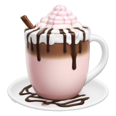 hot chocolate with mug and whip cream and chocolate drizzle and pale pink strawberry and marshmellows sticker