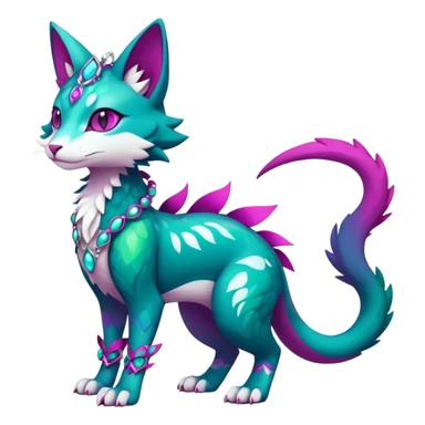 Kawaii cute colorful iridescent deep-dark-turquoise-green and magenta and white beautiful pretty elegant divine edgy feline-vernid-sergal-Fakémon-Pokémon-fursona-animal-creature with accessories, full body, with intricate detailed markings sticker