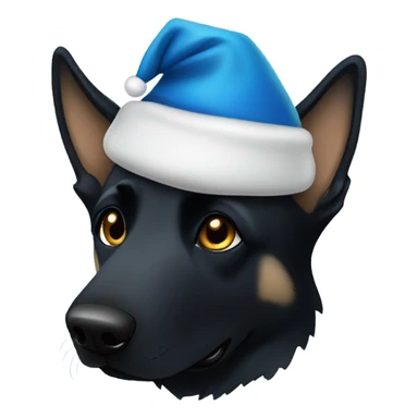 All black German shepherd with blue Santa hat sticker