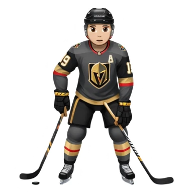 A hockey player in a Vegas Golden Knights black & gold jersey, red accent glow, centered stance, stick on the ice, faceoff position sticker