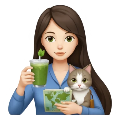 a brunette woman with long hair in here 30S drinking an iced matcha, carrying a grey cat and a map of the world sticker