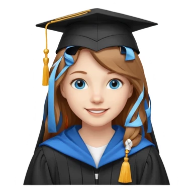 light brown haired girl with long hair, blue eyes, pale skin, wearing graduation regalia with white hood, smiling sticker