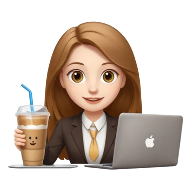 Women in front of laptop with a happy face, face a little fuller, long light brown hair, light brown big eyes, light pale skin with a iced coffee on the side, business attire sticker