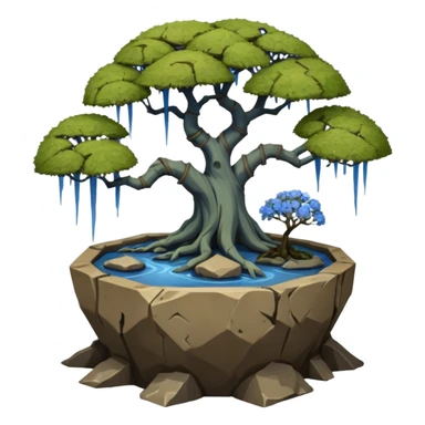 Bare Alien landscape mudman very old broken cracked intricate Stone Age rocky-crusted irregular dodecagon-shaped shallow dark moss rough bark blue weeping willow flowered maple tree bonsai pot sticker