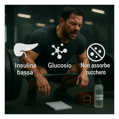 Add clear and legible Italian text to the icons in a realistic and symbolic-medical style: label the pancreas with 'Insulina bassa', the molecules with 'Glucosio', and the cells with 'Non assorbe zucchero'. Maintain the realistic and symbolic-medical style with clear and readable text. sticker
