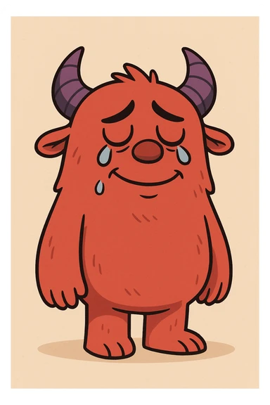 a sad but happy red monster with purple horns, cute cartoon style, flat toon illustration sticker