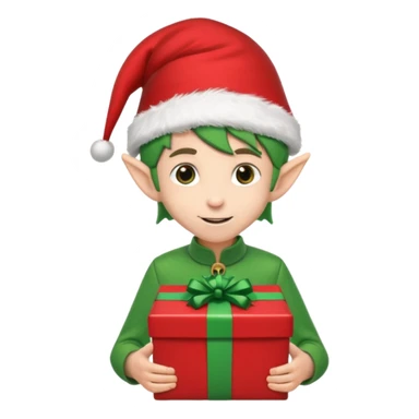elf wearing a santa hat holidng a xmas present make his unfiorm green adn red sticker