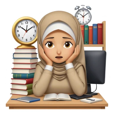 hijabi girl, books, pc, clock looking stressed, suffering and crying sticker