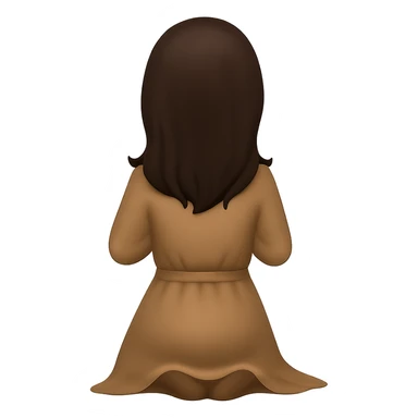 Create a third variation of a woman kneeling and praying from the back view, wearing a long tan dress, with dark brown hair, in emoji style, matching the same body figure as the reference image, with no background. sticker