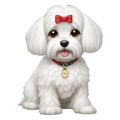 maltese dog with a name tag saying "gucci" sticker