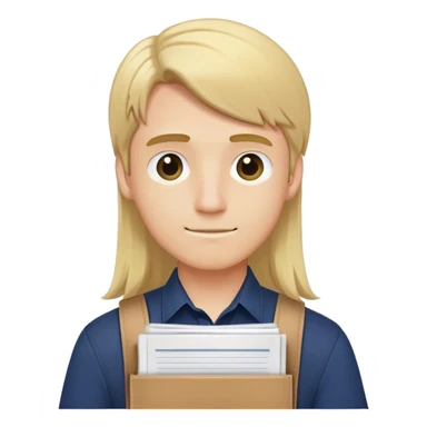 Guy with long straight blonde hair behind head and navy button up holding a school packet sticker