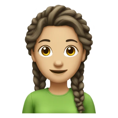 I want an emoji of a brunette woman with dreadlocks with a notebook in her hand and a green shirt with a happy look and smile sticker