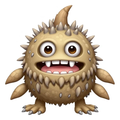 My Singing Monsters Dust element monster, sandy cracked body, muted brown-gray colors, drifting dust particles, cute cartoon style sticker