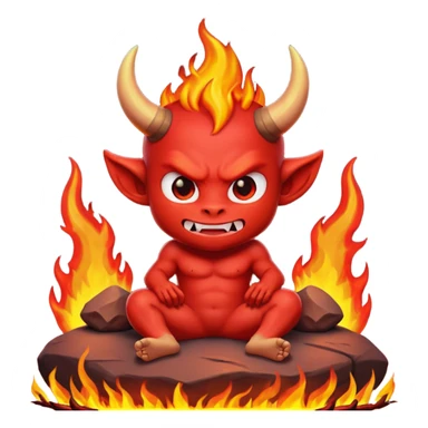 a Red devil, short horn Chibi red demon sitting on fire rock sticker