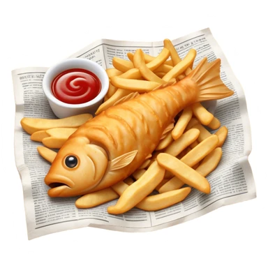 Cinematic Realistic Fish and Chips Dish Emoji, depicted with crispy golden battered fish and chunky hand‚Äêcut chips served in traditional newspaper wrapping, rendered with mouth‚Äêwatering texture and warm natural lighting that captures its quintessential British charm. sticker