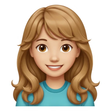 Please generate a portrait of a pretty girl with long, wavy, light brown hair and bangs, she's smiling. sticker
