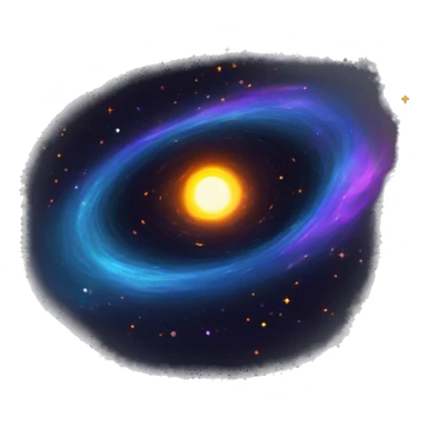 A black hole with a glowing, swirling accretion disk in orange, yellow, and white, with hints of red and blue. Distorted stars and vivid blue-violet jets contrast with the dark center. sticker