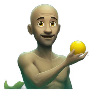 Underwater man mermaid swimming, bold with no hair, holding a small yellow ball, winning enthousiasm sticker