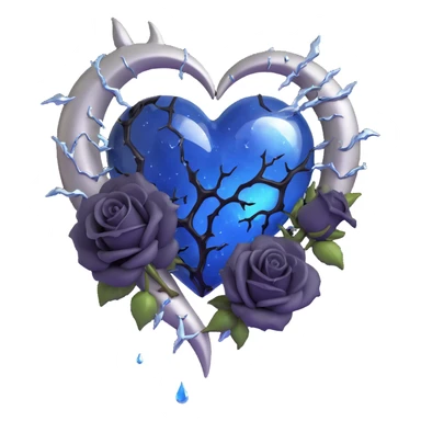 gothic heart with large crack splitting it 3D emoji, midnight blue glass, silver crescent moon, black roses, stardust, lightning, rain, broken glass, minimal dark style sticker