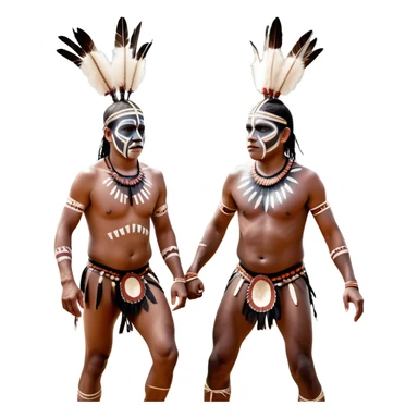 Cinematic Realistic scene of two indigenous male aboriginals performing an Aboriginal Corroboree, adorned in traditional body paint, A corroboree is an Australian Aboriginal ceremonial meeting. It usually includes celebration of Aboriginal mythology and spirituality, which is based in the Dreaming sticker