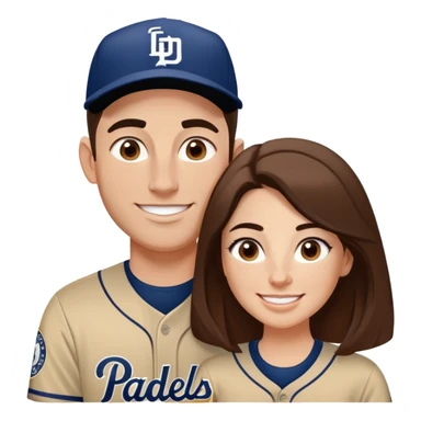 *White* couple smiling. Woman has big cheeks and a lot of freckles on the nose. long brown hair. Man has black and very short hair and prominent eyebrows with egipcian nose. Both are wearing “Los Padres” baseball jerseys and with a sign that says “Go Padres!” sticker