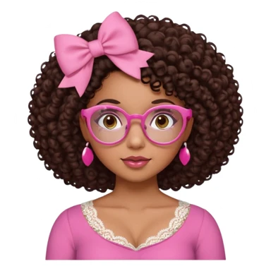 medium skinned afro-latina girl with medium length chocolate brown side part curly hair, brown eyes, pink sweetheart necklined top with lace, round wide-ish nose, chubby long shaped face, pink bow, brown glasses sticker