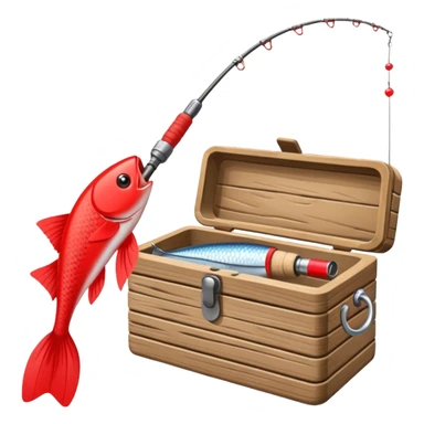 A fishing rod with reel and line neatly coiled beside a bait box.

 sticker