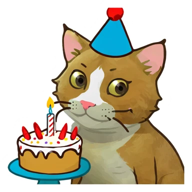 ginger tabby kitten with birthday hat and cake, surrounded by balloons and presents, joyful mood sticker