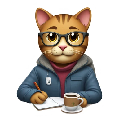 "Create an emoji of a happy brown cat with computer glasses, typing on a computer and taking notes. The cat is sitting on an ergonomic chair with a coffee mug and a potted plant, wearing a winter jacket because the office AC is cold." sticker