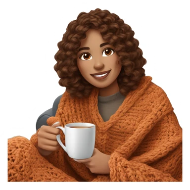 26 year old wonan with brown soft wavy hair and curtain bangs. She is crocheting a garment.  She is sitting on the sofa with a crochet blanket that is in the color of cinnamon on herself. Near her there is a cup of tea. It’s Christmas time sticker