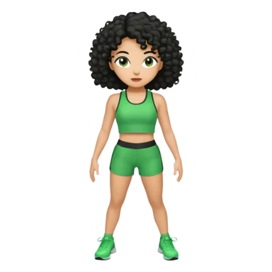 woman with olive skin and curly black hair wearing a green workout outfit (shorts) and standing in a disco pose sticker