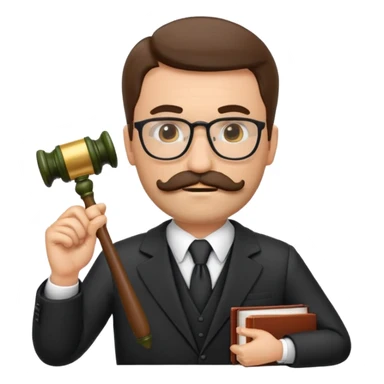“Create a clean, modern emoji-style illustration of a male lawyer. He is wearing a formal suit jacket. He is holding a judge’s gavel (QUE SE VE DE COSTADO) in one hand and has a law book tucked under his arm. He has a mustache and beard!!, and GLASSES sticker
