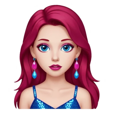 Chappell Roan (b.1998) with long dark red hair, pink sequin crop top, pink earring, blue eye, makeup sticker