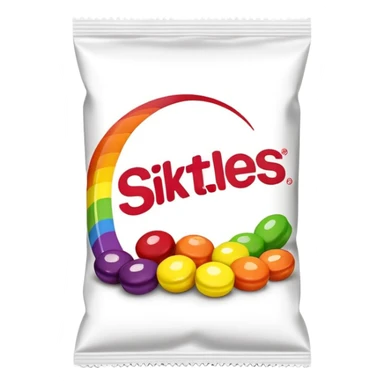 An extremely minimalist Skittles package, simple rainbow stripe design with a few green candies. Very clean and simplified. sticker