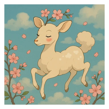 feminine adult vanilla cloud doe with rosy cheeks and cherry flowers, floating gracefully, Ghibli style sticker