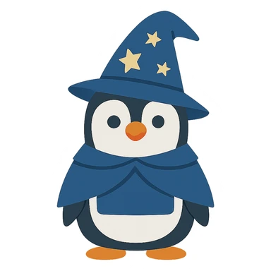 flat design style penguin wizard with a starry hat sticker