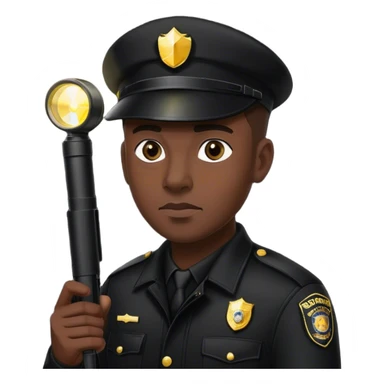 A vigilant male security guard wearing a black uniform, a cap with ‘SECURITY’ embroidered on it, and a black jacket. He holds a flashlight near his face, shining its beam forward, with a focused and alert expression. sticker