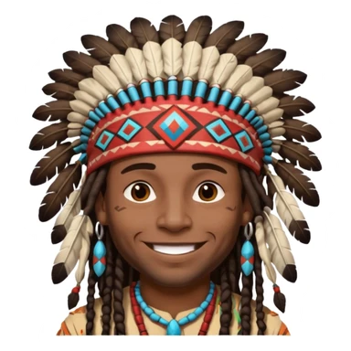 Black American man dark brown with dreads with a American Indian headdress with a laughing face sticker